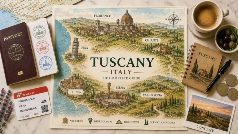Flat lay of a Tuscany guide map with passport, rail ticket, espresso, olives, notebook, lavender and Val d’Orcia postcard.