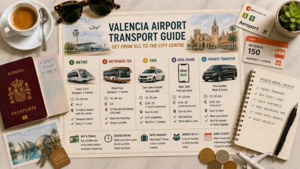 Overhead Valencia airport transport flat lay with an illustrated transfer guide, passport, metro and bus cards, espresso, notebook, coins, keys, and model airplane.