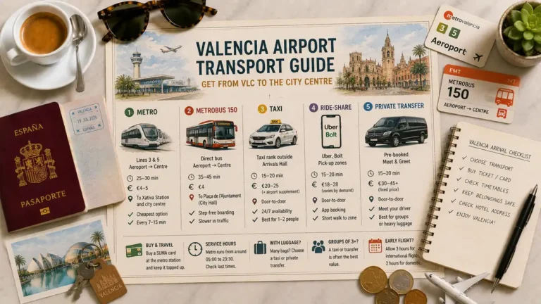 Overhead Valencia airport transport flat lay with an illustrated transfer guide, passport, metro and bus cards, espresso, notebook, coins, keys, and model airplane.