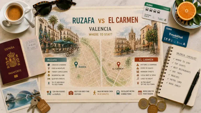 Overhead Valencia neighborhood comparison flat lay with a split Ruzafa and El Carmen map, passport, espresso, metro cards, notebook, orange, coins, and city postcard.