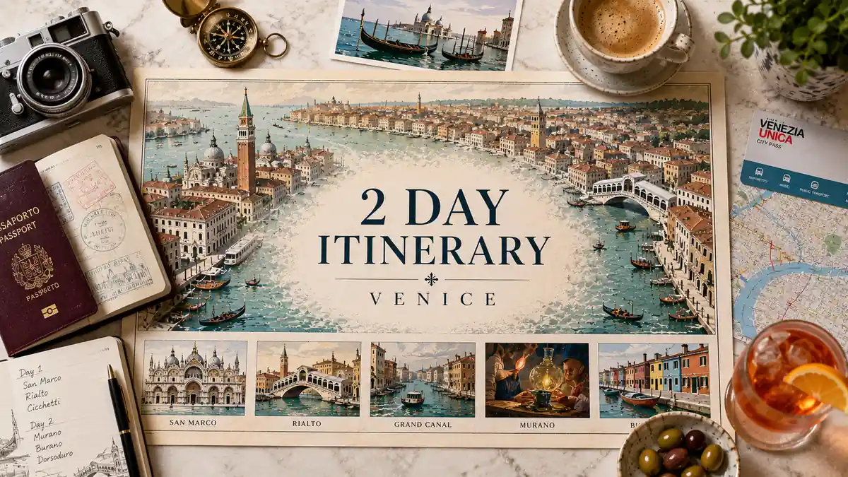 Overhead Venice itinerary flat lay with an illustrated map of San Marco, Rialto, Murano, and Burano.