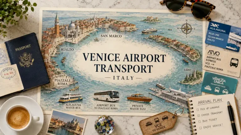 Flat-lay Venice airport transport map with passport, transfer tickets, coffee, luggage tag, and arrival planning notebook.