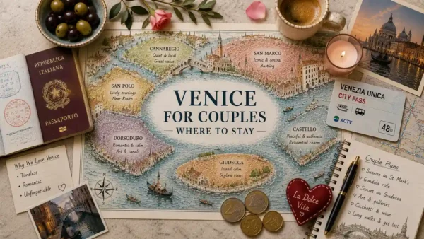Overhead flat lay with an illustrated Venice couples map, passport, transit card, coffee, olives, rose, candle, coins, postcards, and travel notebook.