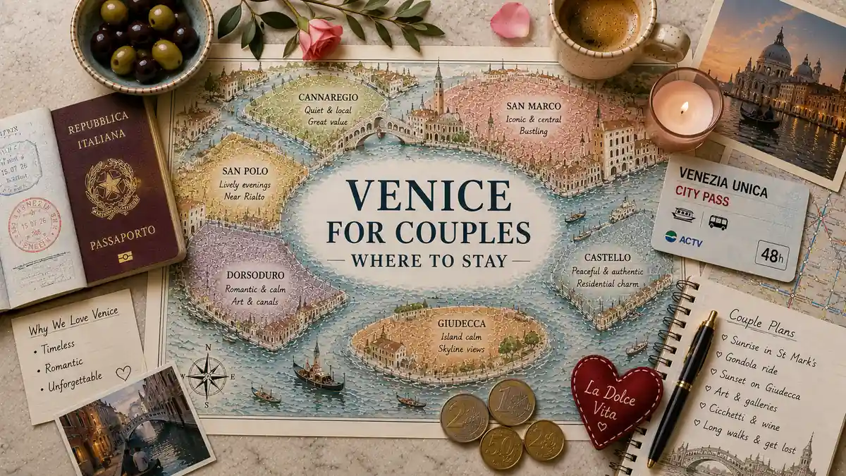 Overhead flat lay with an illustrated Venice couples map, passport, transit card, coffee, olives, rose, candle, coins, postcards, and travel notebook.