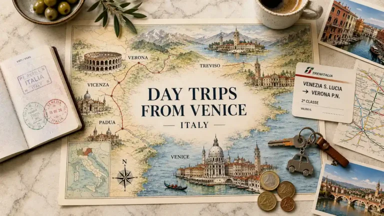 Overhead travel flat lay with an illustrated Veneto map, Venice day-trip routes, passport, rail ticket, espresso, olives, and postcards.