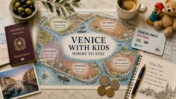 Overhead flat lay with an illustrated family map of Venice, passport, transit card, coffee, olives, coins, postcard, toys, and travel notebook.