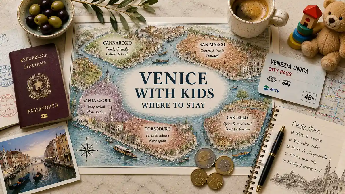 Overhead flat lay with an illustrated family map of Venice, passport, transit card, coffee, olives, coins, postcard, toys, and travel notebook.