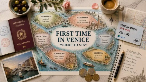 Overhead flat lay with an illustrated first-time Venice map, passport, transit card, coffee, olives, coins, postcard, and travel notebook.