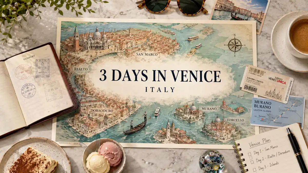 Venice 3-Day Itinerary: A First-Timer's Perfect Route 2 Flat-lay Venice itinerary map with passport, vaporetto tickets, notebook, coffee, and lagoon island details.