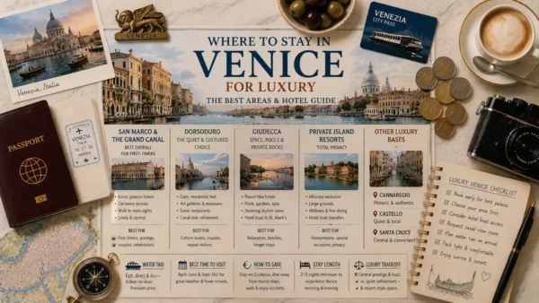 Top-down Venice luxury stay flat lay with an illustrated lagoon map, passport, espresso, room key, coins, camera, olives, and a planning notebook.