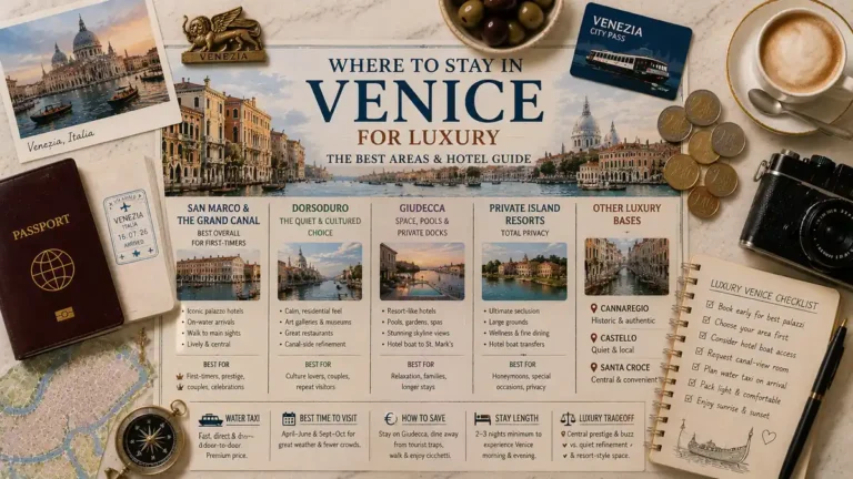 Top-down Venice luxury stay flat lay with an illustrated lagoon map, passport, espresso, room key, coins, camera, olives, and a planning notebook.