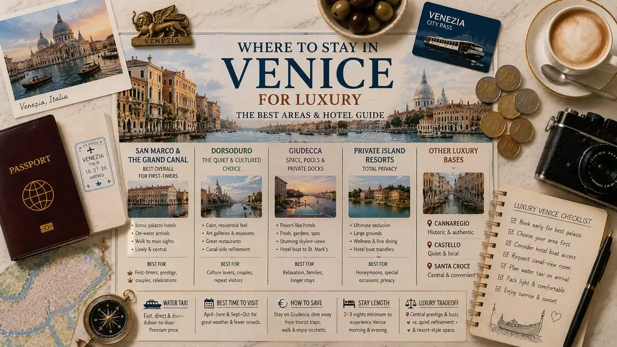 Where to Stay in Venice for Luxury 2 Top-down Venice luxury stay flat lay with an illustrated lagoon map, passport, espresso, room key, coins, camera, olives, and a planning notebook.