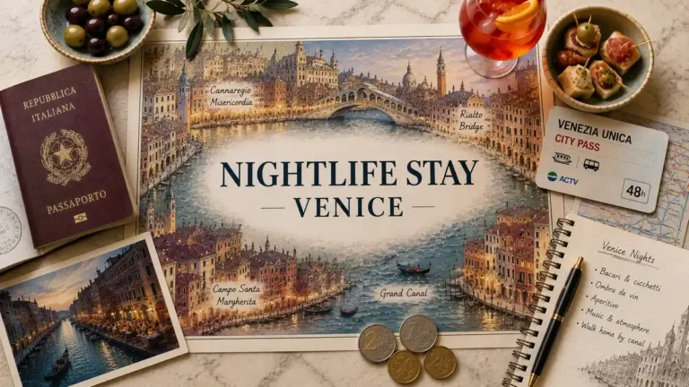 Overhead flat lay with an illustrated Venice nightlife map, passport, transit card, spritz-style drink, cicchetti, olives, coins, postcard, and notebook.