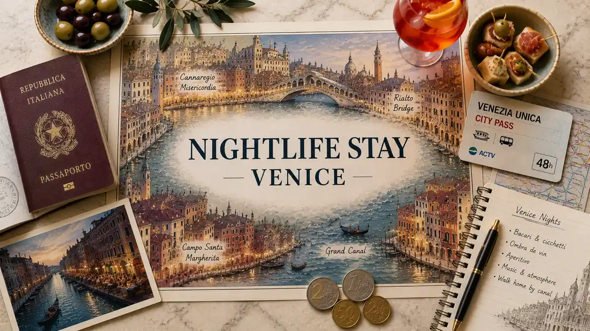 Overhead flat lay with an illustrated Venice nightlife map, passport, transit card, spritz-style drink, cicchetti, olives, coins, postcard, and notebook.