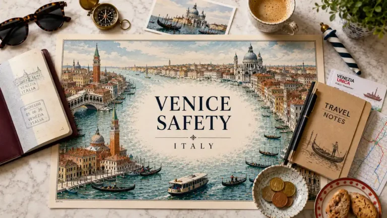 Overhead Venice travel flat lay with an illustrated canal map labeled Venice Safety and practical travel-planning objects.