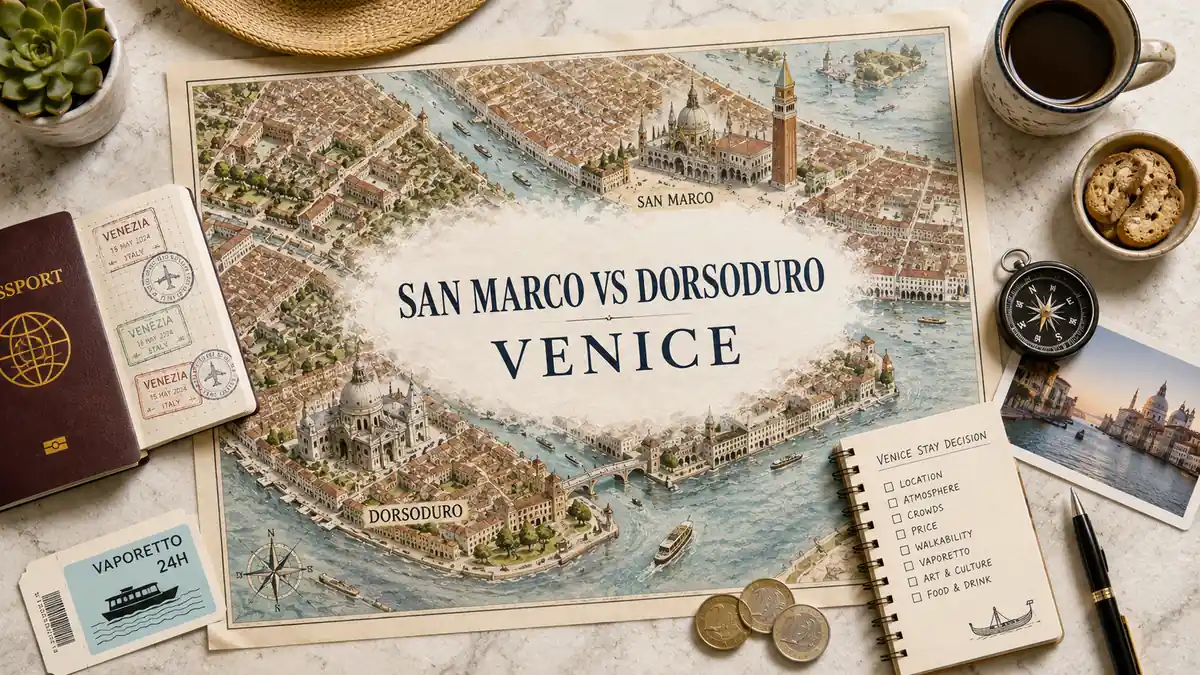 San Marco vs Dorsoduro: Where to Stay in Venice 2 Overhead Venice map comparing San Marco and Dorsoduro with passport, vaporetto card, notebook, espresso, postcard, and coins.