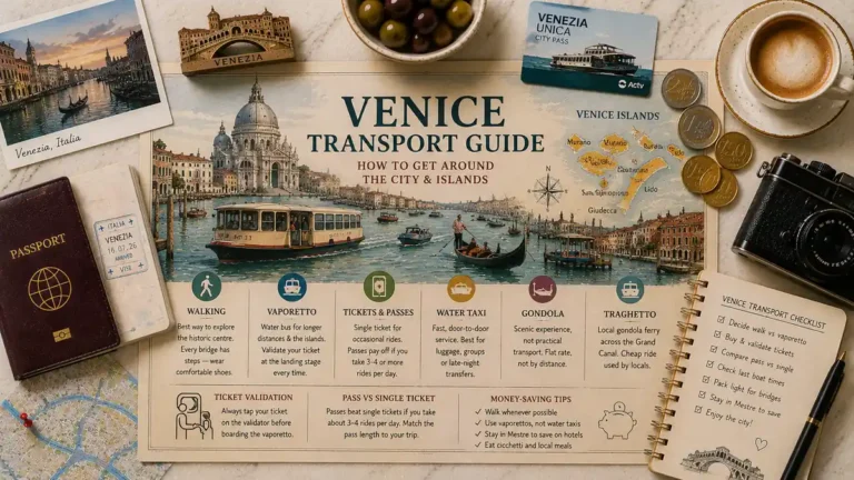Top-down Venice transport flat lay with an illustrated lagoon map, passport, vaporetto pass, coins, coffee, camera, olives, and a transport checklist.