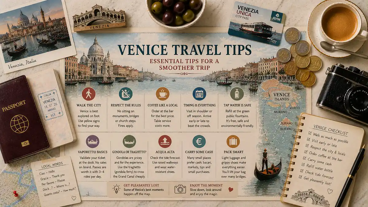 Venice Travel Tips 2 Top-down Venice travel tips flat lay with an illustrated lagoon guide, passport, coffee, coins, transit card, camera, olives, maps, and a checklist notebook.