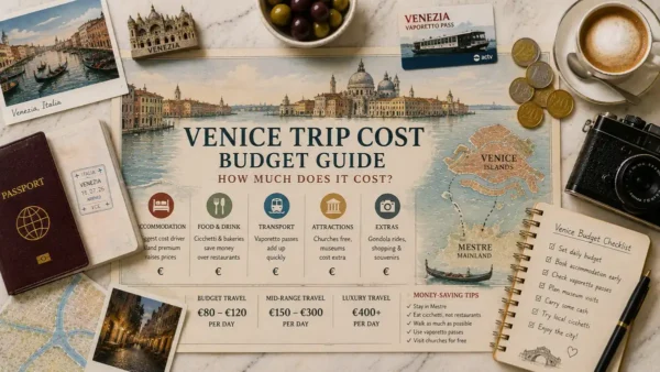 Top-down Venice trip-cost flat lay with an illustrated lagoon map, passport, euro coins, coffee, transit card, camera, olives, and a budget notebook.