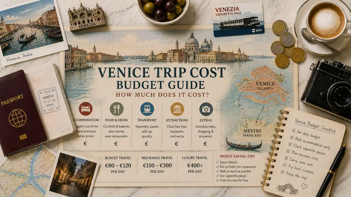 Top-down Venice trip-cost flat lay with an illustrated lagoon map, passport, euro coins, coffee, transit card, camera, olives, and a budget notebook.