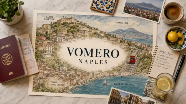 Overhead travel flat lay with an illustrated Vomero map, Naples bay views, passport, espresso, lemons, notebook, and funicular.