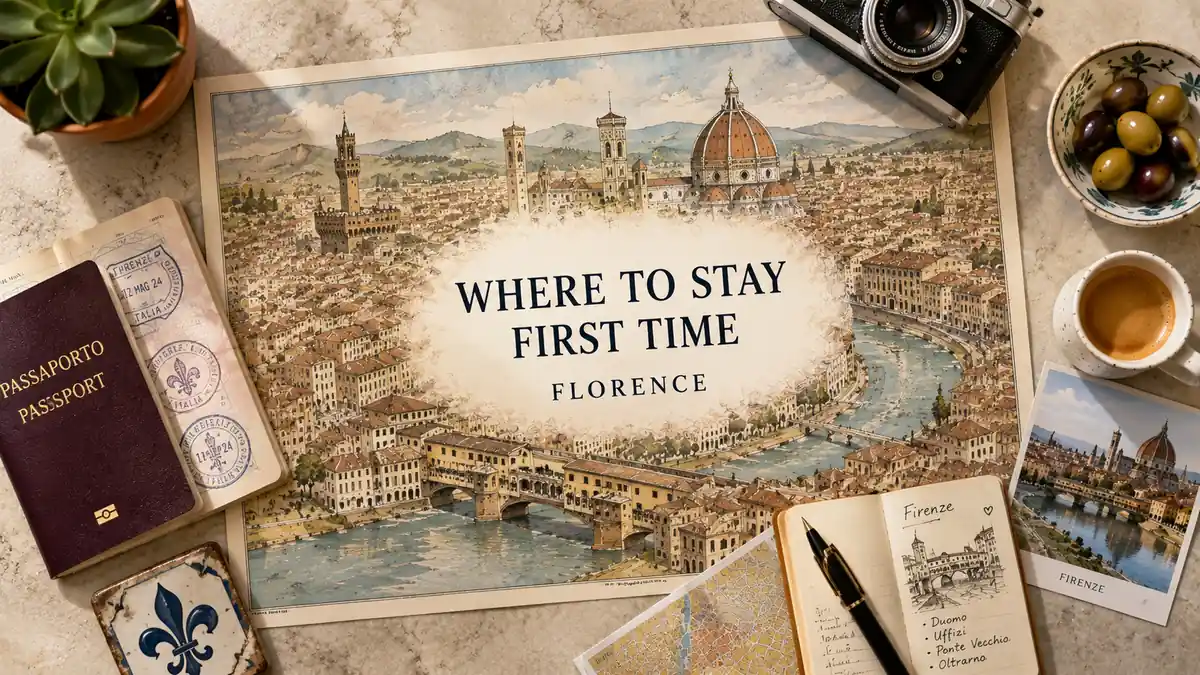 Top-down Florence travel flat lay with an illustrated city map labeled Where to Stay First Time Florence.