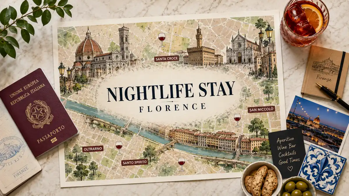 Illustrated Florence nightlife map with a passport, aperitivo drink, notebook, postcard, snacks, and ceramic tile.