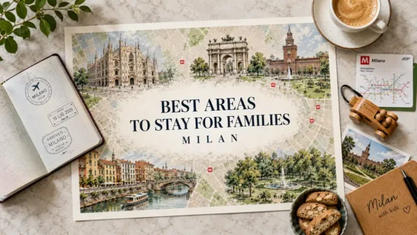 Top-down illustrated Milan family-stay map framed by a passport, transit card, toy car, coffee, notebook, and biscotti.