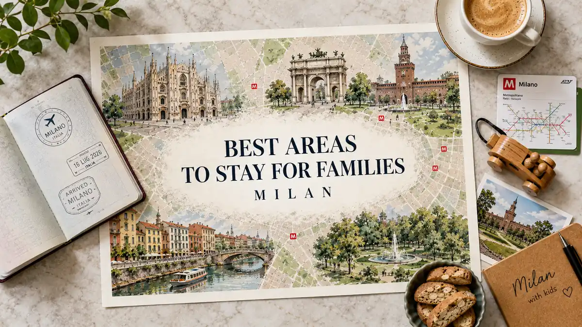 Where to Stay in Milan for Families 2 Top-down illustrated Milan family-stay map framed by a passport, transit card, toy car, coffee, notebook, and biscotti.