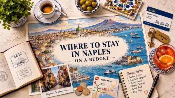 Overhead Naples budget-stay planning flat lay with an illustrated bay map, passport, espresso, room key, transit card, coins, olives, aperitivo, and notebook.