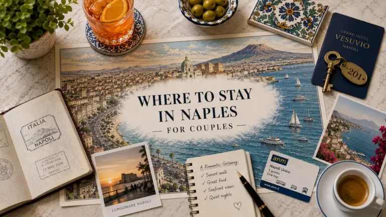Overhead Naples couples stay-planning flat lay with an illustrated bay map, passport, hotel key, aperitivo, olives, espresso, postcards, and notebook.