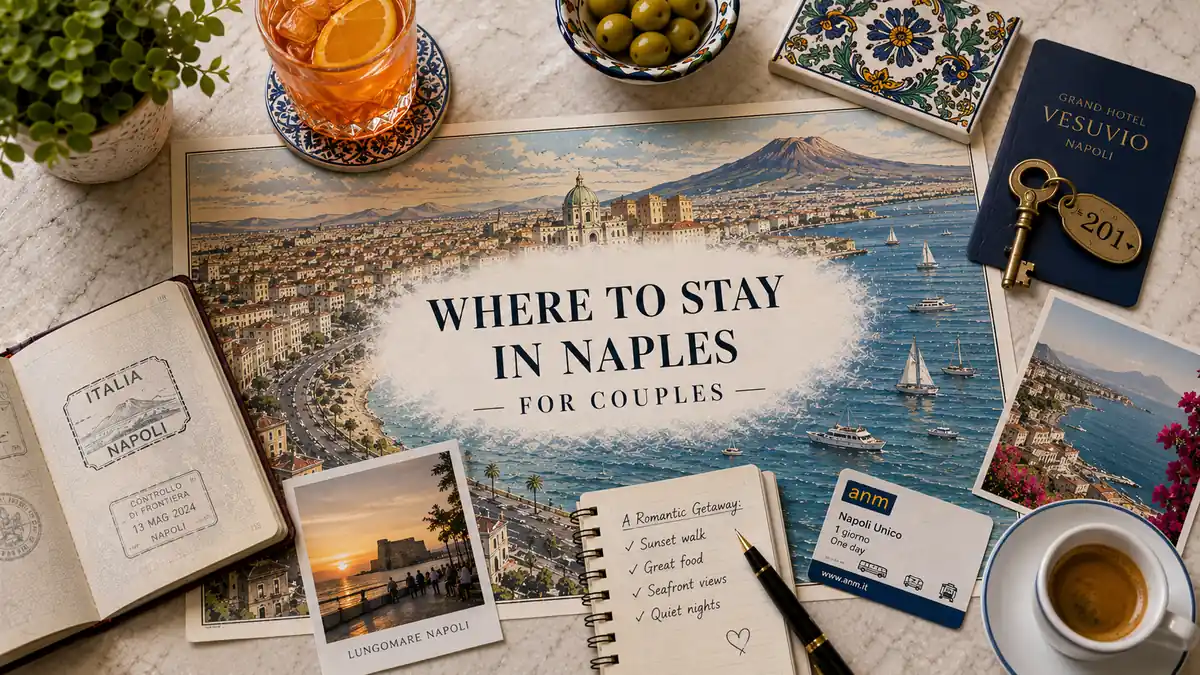 Overhead Naples couples stay-planning flat lay with an illustrated bay map, passport, hotel key, aperitivo, olives, espresso, postcards, and notebook.