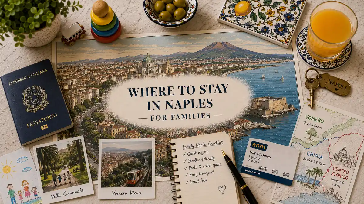 Overhead Naples family stay-planning flat lay with an illustrated bay map, passport, room key, juice, olives, transit card, toys, postcards, and notebook.
