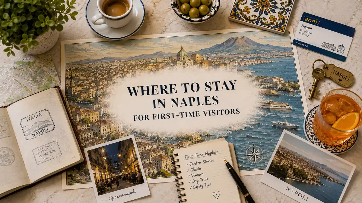 Overhead Naples stay-planning flat lay with an illustrated city map, passport, espresso, room key, aperitivo, transit card, postcards, and notebook.
