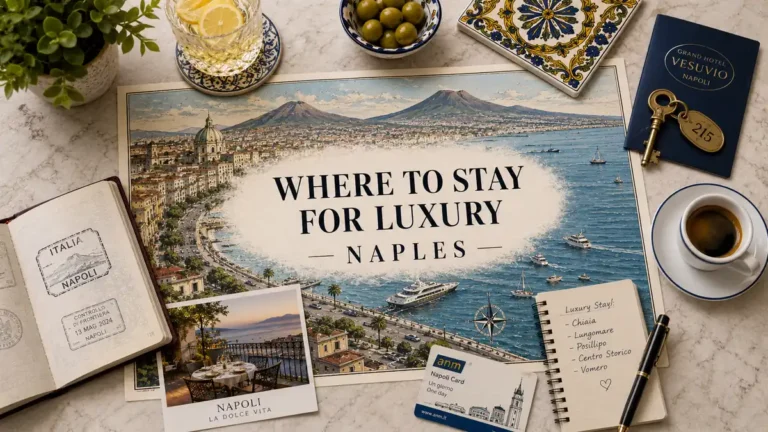 Overhead Naples luxury-stay flat lay with an illustrated bay map, open passport, hotel key, espresso, lemon drink, olives, ceramic tile, notebook, and postcard.