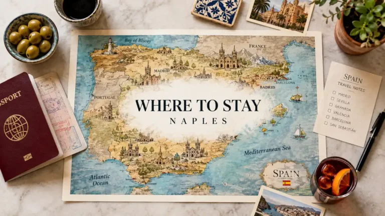 Where to Stay in Naples: Best Areas for Every Traveler 1 Top-down travel flat lay with a map poster reading Where to Stay Naples, passport, coffee, olives, notes, postcards, and a drink.