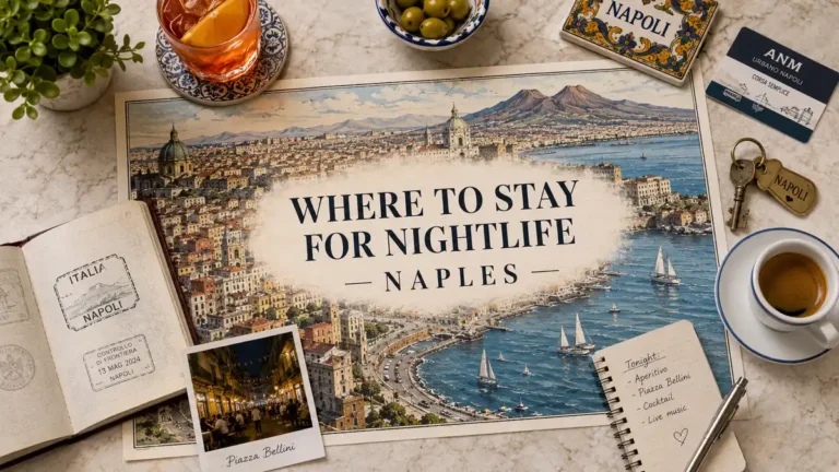 Overhead Naples nightlife planning flat lay with an illustrated city map, open passport, aperitivo, room key, transit card, espresso, and notebook.