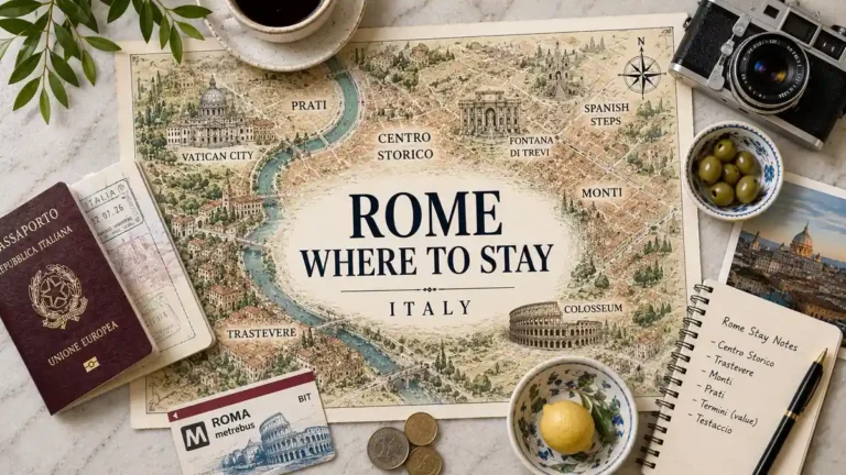 Overhead illustrated Rome neighborhood map with a passport, transit card, camera, coffee, olives, lemon, coins, and stay-planning notebook.