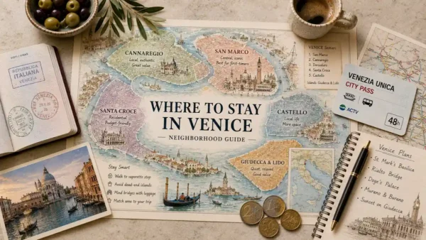 Where to Stay in Venice: Best Areas by Traveler Type 10 Overhead flat lay with an illustrated map of Venice’s sestieri, passport, transit card, espresso, olives, coins, postcard, and travel notebook.
