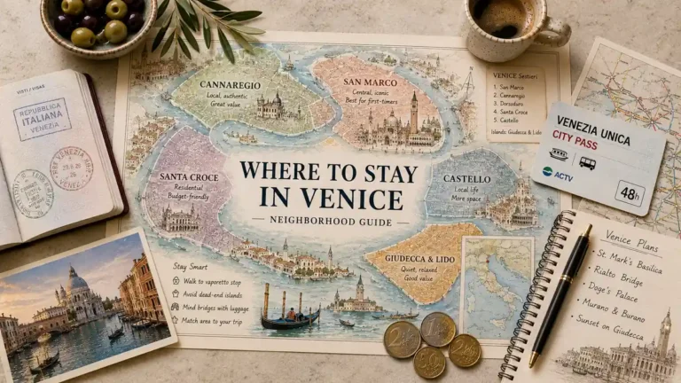 Overhead flat lay with an illustrated map of Venice’s sestieri, passport, transit card, espresso, olives, coins, postcard, and travel notebook.