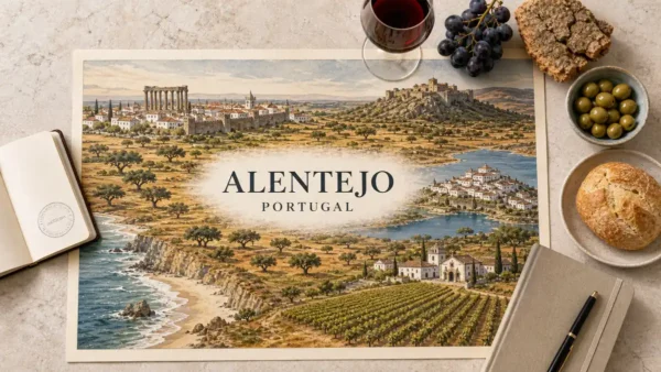 Overhead Alentejo travel flat lay with an illustrated Roman temple, cork plains, hill towns, Atlantic cliffs and vineyards.