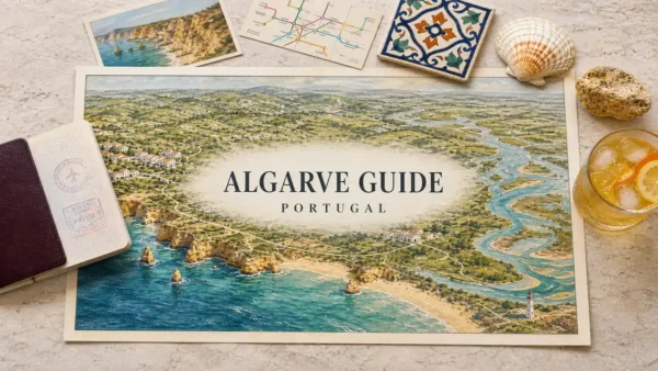 Overhead Algarve travel flat lay with golden cliffs, Atlantic coves, coastal towns and Ria Formosa lagoons.