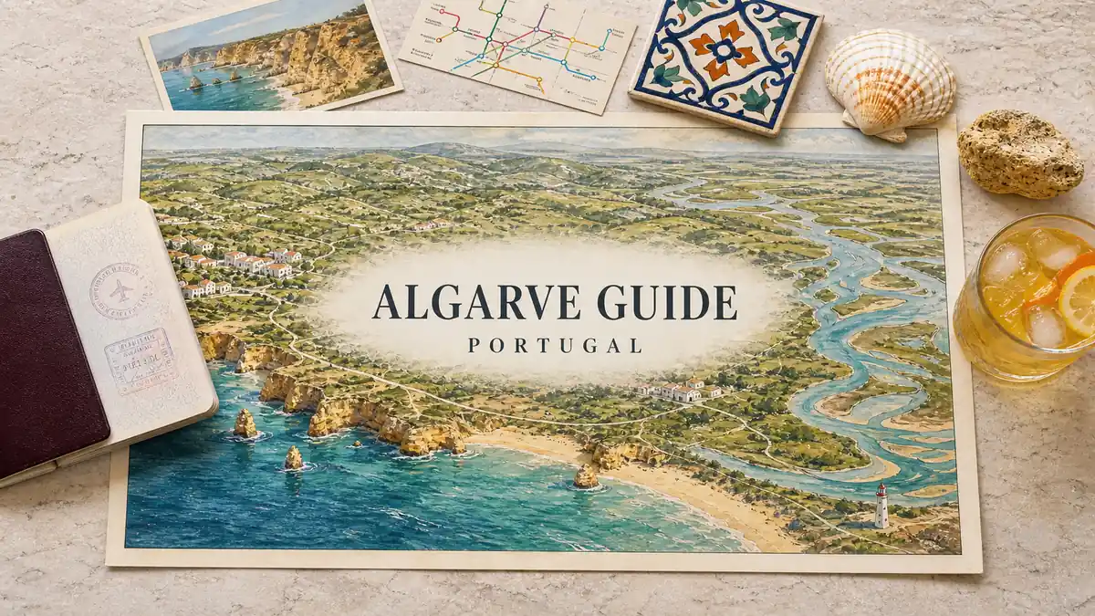 Algarve Travel Guide 2 Overhead Algarve travel flat lay with golden cliffs, Atlantic coves, coastal towns and Ria Formosa lagoons.