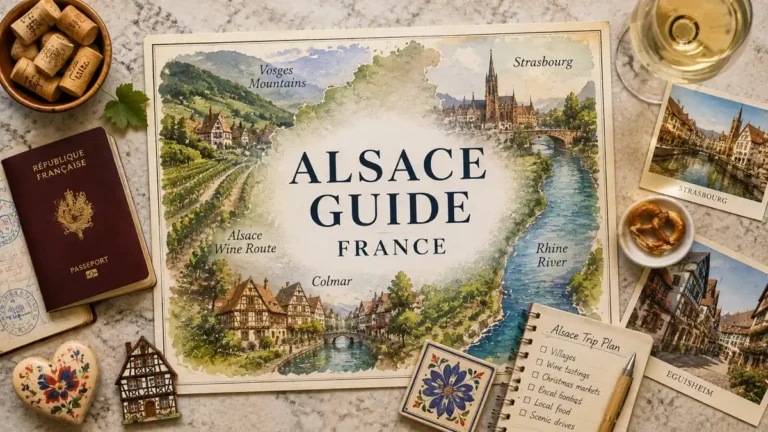 Overhead flat lay with an illustrated Alsace map, French passport, white wine, pretzel, postcards, wine corks, and a travel-planning notebook.