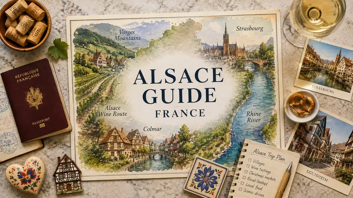 Travel to Alsace, France: How to Plan Your Trip 2 Overhead flat lay with an illustrated Alsace map, French passport, white wine, pretzel, postcards, wine corks, and a travel-planning notebook.