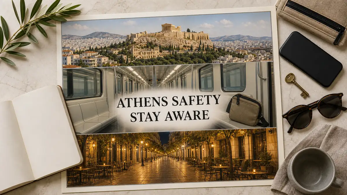 Is Athens Safe? What the Official Sources Actually Say 2 Athens safety flat lay with the Acropolis, an empty metro carriage, a zipped bag and a well-lit night street