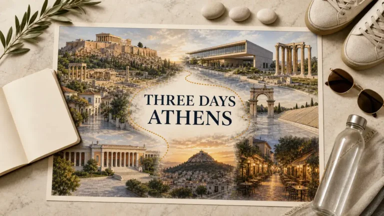 Three-day Athens itinerary flat lay linking the Acropolis, museums, marble monuments, Lycabettus and Psyri
