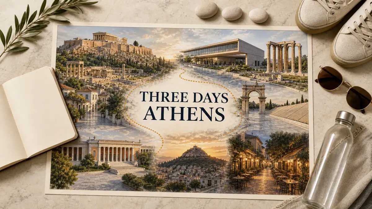 Athens 3 Day Itinerary: Day by Day, With a Real Day Three 2 Three-day Athens itinerary flat lay linking the Acropolis, museums, marble monuments, Lycabettus and Psyri