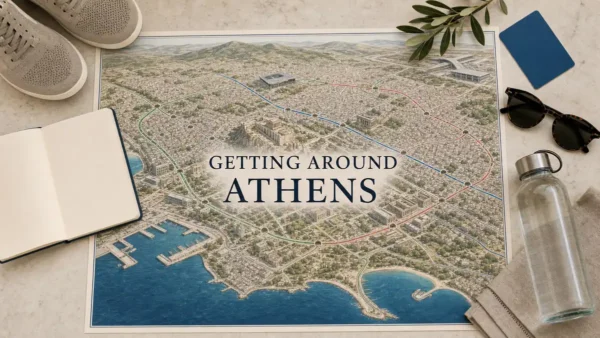Getting Around Athens: The Right Ticket and How It Works 9 Athens transport flat lay with the walkable historic core, colored metro lines, the coast and empty Piraeus docks