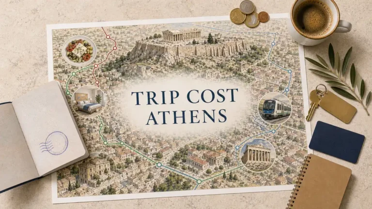 Athens trip cost planning flat lay with Acropolis map, euro coins, coffee, transit card and hotel key